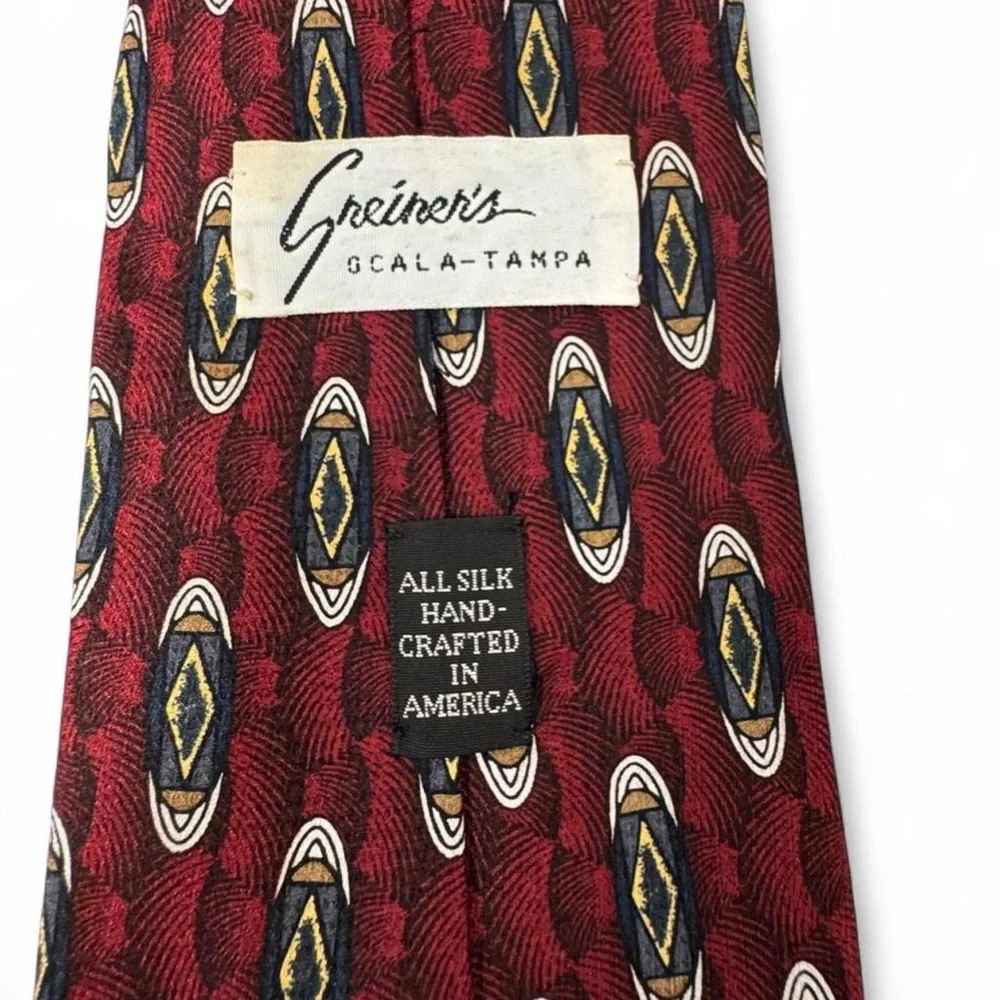 Vintage Silk Necktie Red Black Geometric Retro Dark Academia Y2K Preppy USA